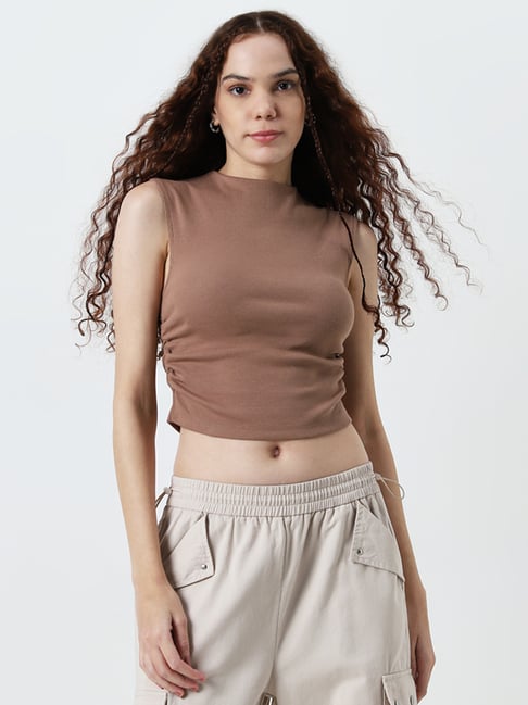 Nuon by Westside Brown Ribbed Textured Cotton Blend Top
