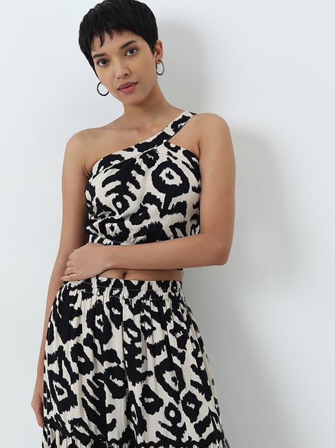 LOV by Westside Off-White Abstract Printed One-Shoulder Top