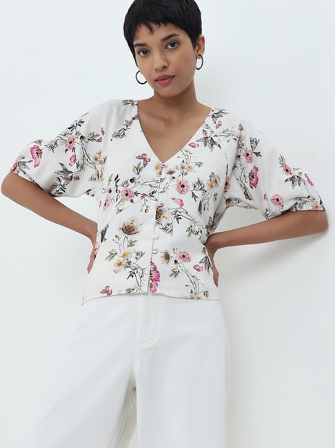 LOV by Westside White Floral Printed Linen Blend Top
