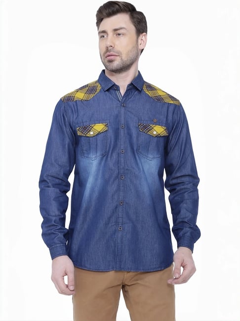 Kuons Avenue Blue Slim Fit Checks Denim Shirt-picture-34