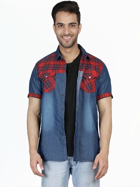 Kuons Avenue Blue Red Slim Fit Checks Denim Shirt