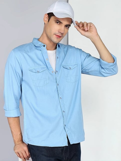 Kuons Avenue Sky Blue Slim Fit Denim Shirt