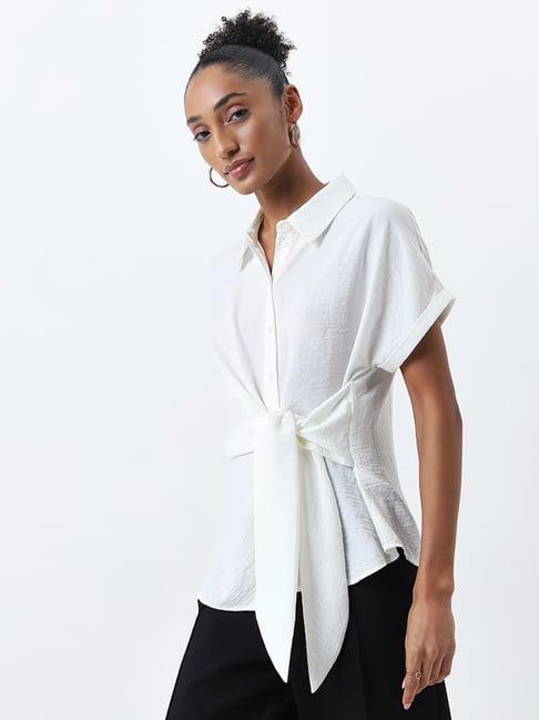 Wardrobe by Westside White Textured Knot-Detailed Blouse