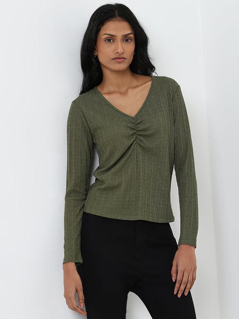 LOV by Westside Olive Ruched Knitted T-Shirt