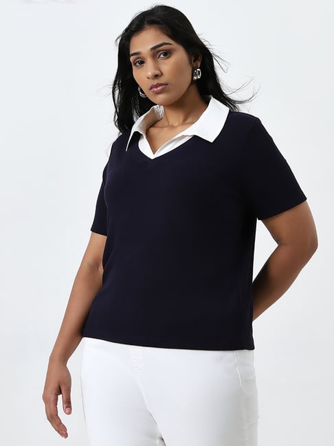 Gia by Westside Navy Ribbed Collared T-Shirt