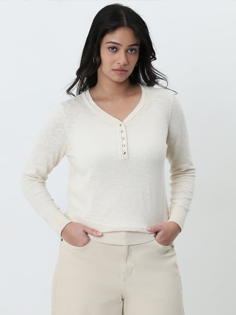 Gia by Westside Beige Solid Knitted Cotton T-Shirt