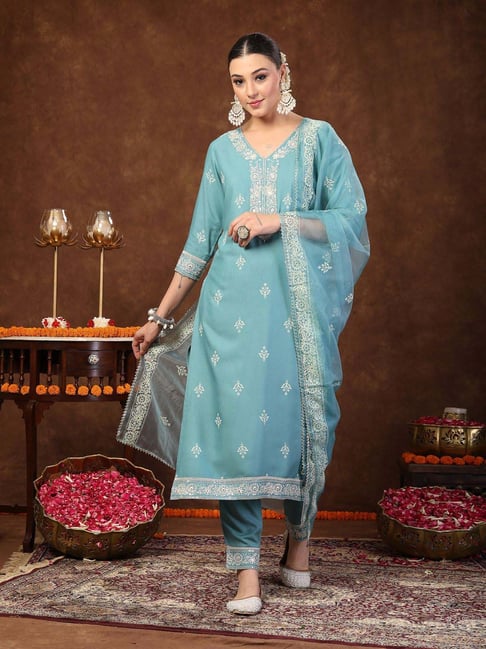 Stylum Blue Embroidered Kurta Pant Set With Dupatta