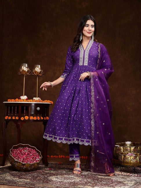 Stylum Purple Embroidered Kurta Pant Set With Dupatta