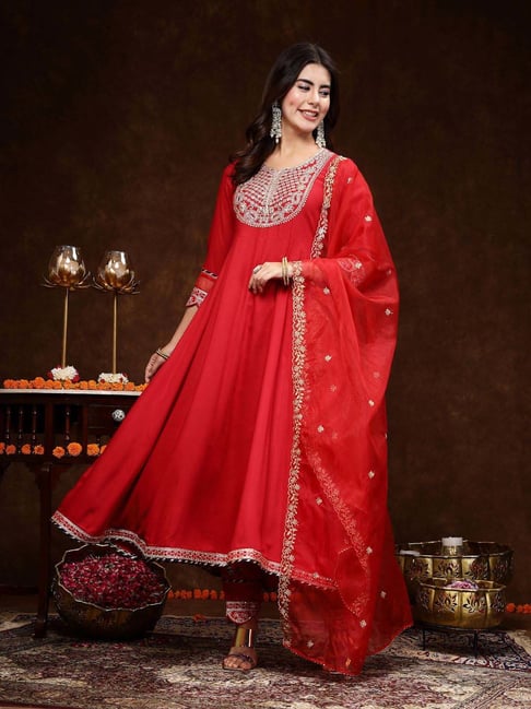 Stylum Red Embroidered Kurta Pant Set With Dupatta