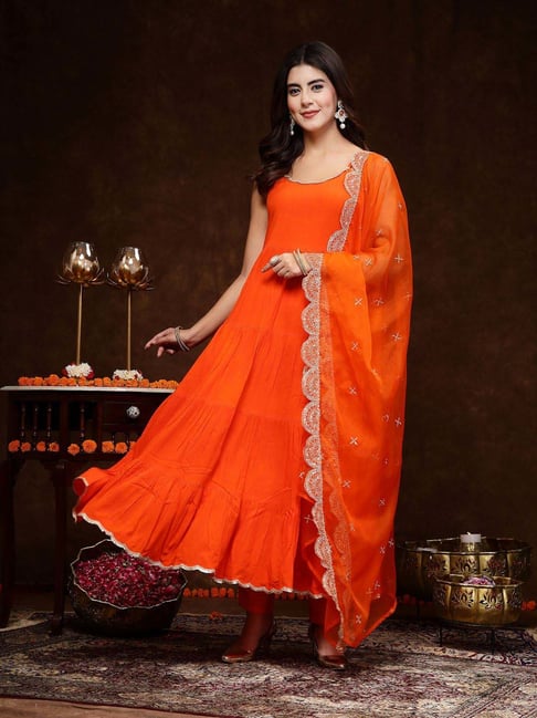 Stylum Orange Embroidered Kurta Pant Set With Dupatta