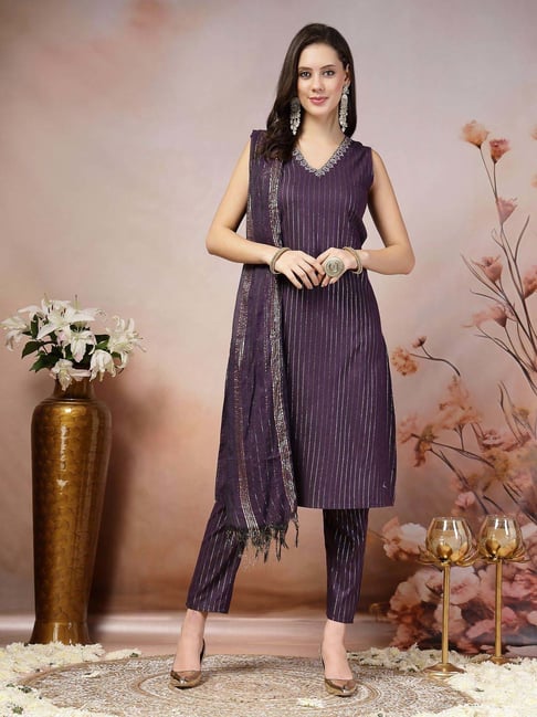 Stylum Purple Embellished Kurta Pant Set With Dupatta