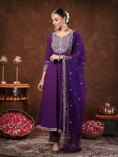 Stylum Purple Embroidered Kurta Palazzo Set With Dupatta