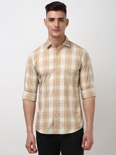 Casual Shirts Buy England Shirt Online Peter England Beige Cotton Slim Fit  Checks Casual Shirt