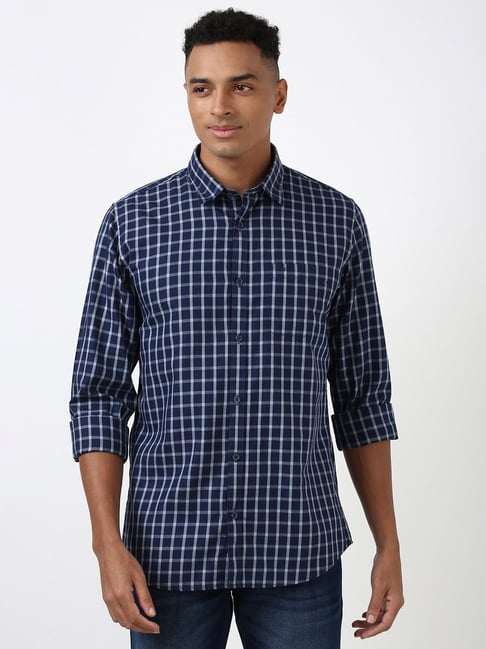 Check Peter England Shirts Peter England Navy Cotton Slim Fit