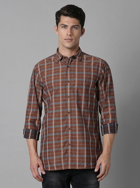 Buy Louis Philippe Brown Cotton Slim fit Checks Casual Shirt