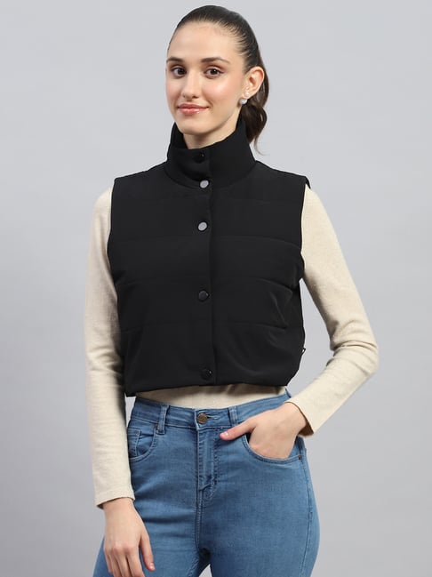 Rock.it by Monte Carlo Women Solid Regular Fit Mock Neck Sleeveless Jacket With Button Closure-picture-20