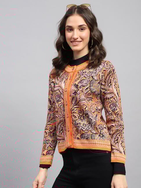 Monte Carlo Orange Black Printed Cardigan - Main Image