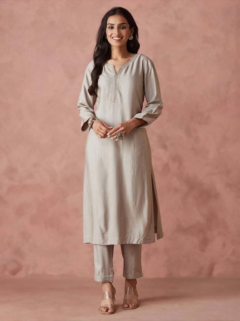 Fabindia Grey Plain Kurta Pant Set