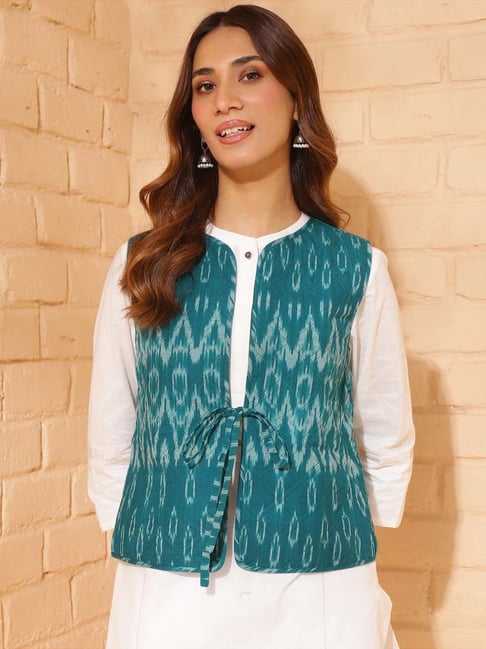 Fabindia Teal Cotton Ikat Woven Jacket-image-16