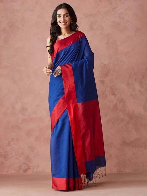 Fabindia Navy Cotton Silk Blend Woven Sari-picture-28
