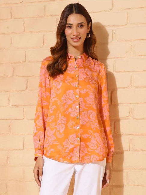Fabindia Orange Viscose Printed Shirt-picture-29