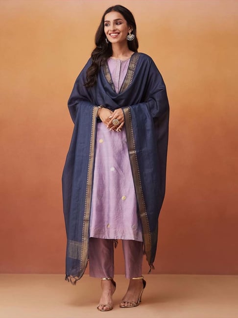 Fabindia Blue Cotton Silk Blend Woven Dupatta-picture-26