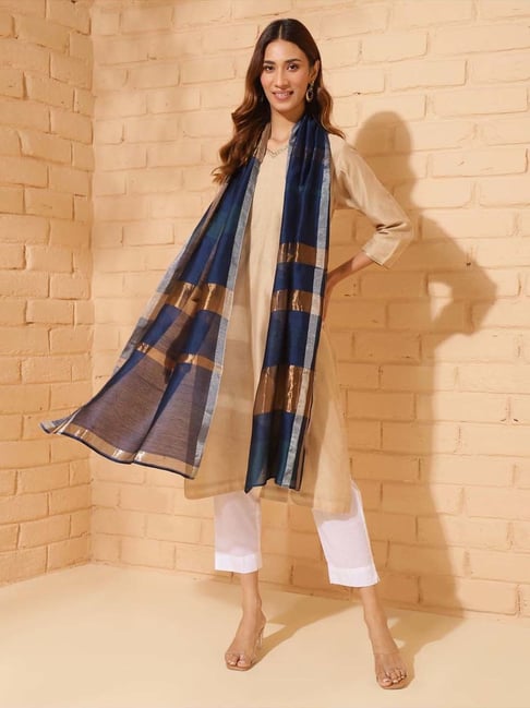 Fabindia Navy Cotton Silk Blend Woven Stole-picture-19