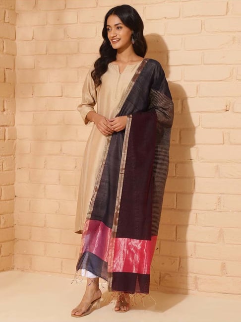 Fabindia Navy Cotton Silk Blend Woven Dupatta-picture-27