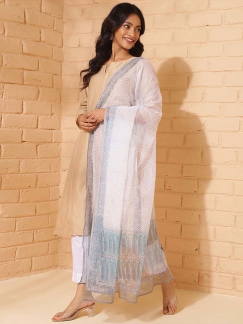 Fabindia White Cotton Silk Hand Block Printed Dupatta-picture-29