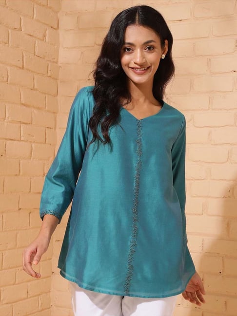 Fabindia Blue Cotton Silk Woven Tunic-picture-35