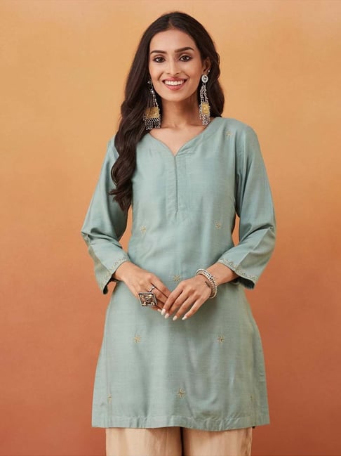 Fabindia Turquoise Viscose Silk Slim Fit Embroidered Short Kurta-picture-25