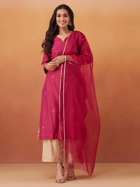 Fabindia Pink Cotton Silk Slim Fit Embroidered Dupatta & Kurta-picture-18