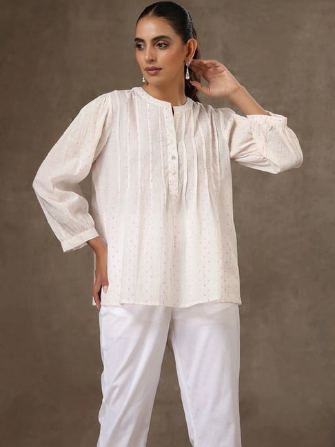 House of Chikankari White Cotton Pintucks Dobby Solid Women's Top