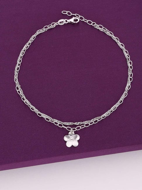 Kai Jewel Sterling Silver Link Chain Floral Charm Anklet for Women