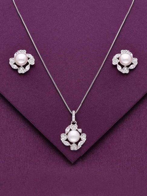 Kai Jewel Sterling Diamond Hearts & Pearl Pendant with Chain & Earrings Set for Women