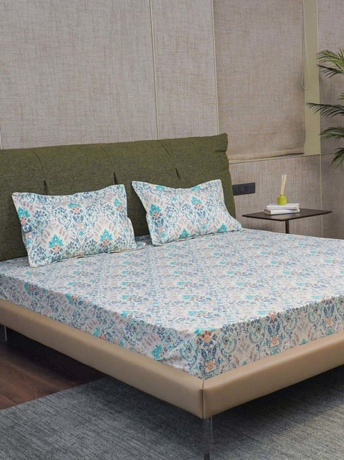 Urban Space Blue Cotton 200 TC Mughal Garden Printed Single Bedsheet with 1 Pillow Cover-picture-34