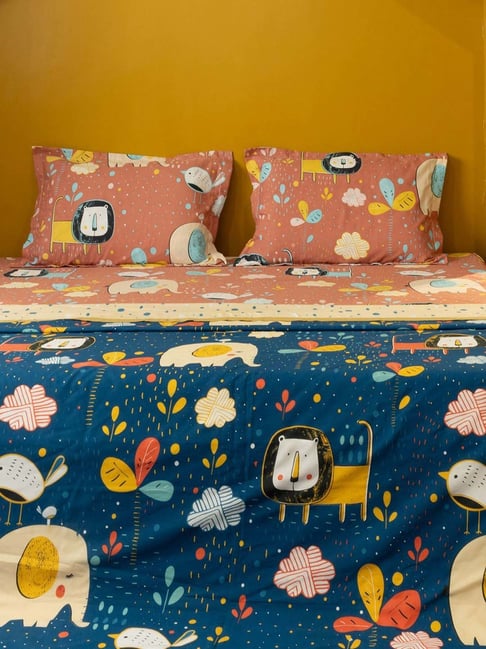 Urban Space Orange & Blue Cotton 200 TC Printed Bedsheet with Dohar & 2 Pillow Covers-picture-35