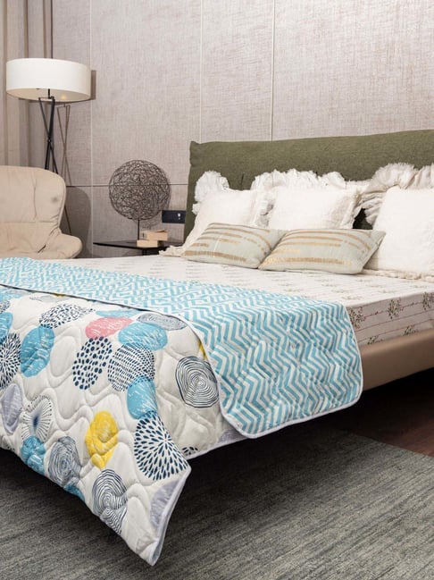 Urban Space White Blue Microfibre 300 GSM Ac Room Double Bed Blanket