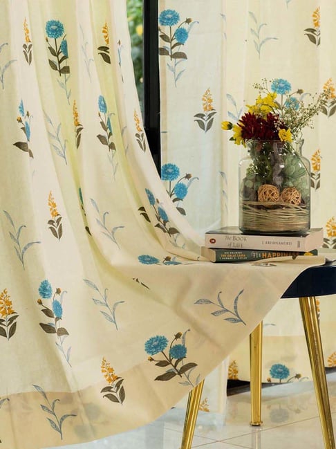 Urban Space Beige & Blue Cotton Cotton Coneflower Printed Long Door Curtain - Set of 2-picture-32