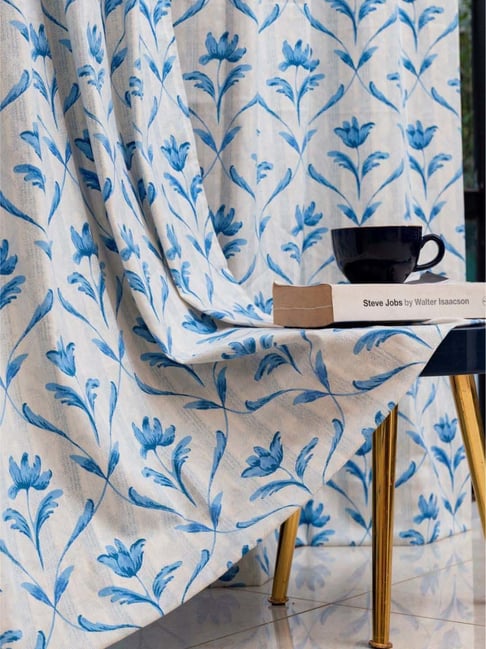 Urban Space White & Blue Cotton Water Lily Printed Long Door Curtain - Set of 2-picture-36