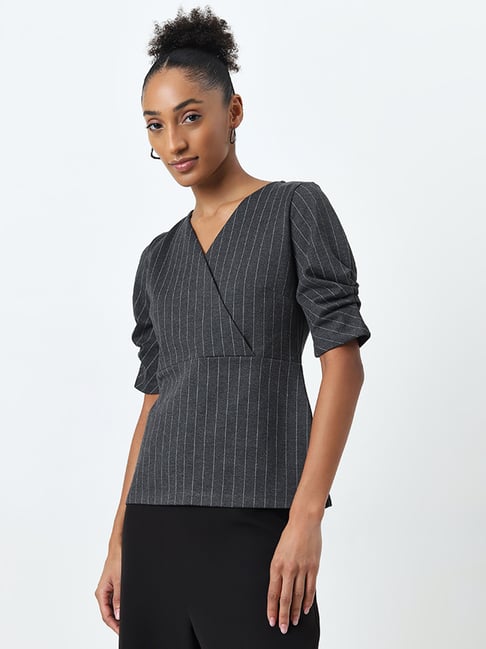 Wardrobe by Westside Grey Striped Design Wrap-Style Top
