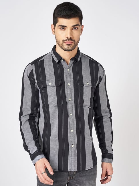Sf Jeans By Pantaloons Black Cotton Slim Fit Striped Shirt-picture-38