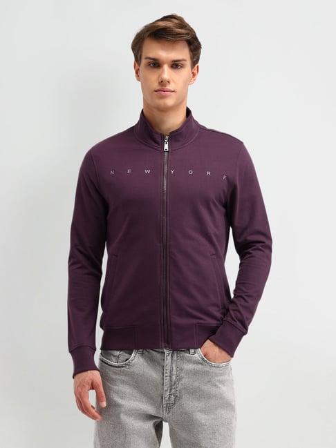 Arrow Sport Purple Cotton Slim Fit Printed Sweatshirt