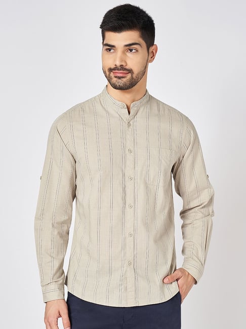 Byford By Pantaloons Khaki Cotton Slim Fit Striped Shirt