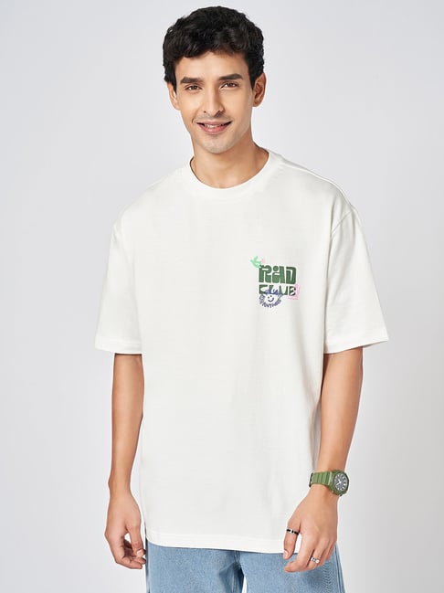 People By Pantaloons White Cotton Boxy Fit Printed T-Shirt