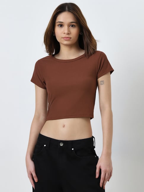 Nuon by Westside Brown Ribbed Crop Top