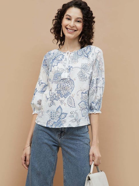 Colour Me by Melange White Cotton Printed Top