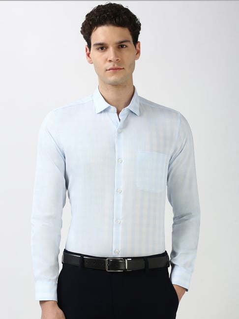 peter england blue cotton slim fit checks shirt