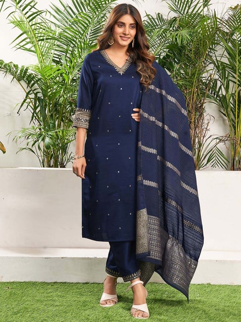 Skylee Blue Embroidered Kurta Pant Set With Dupatta