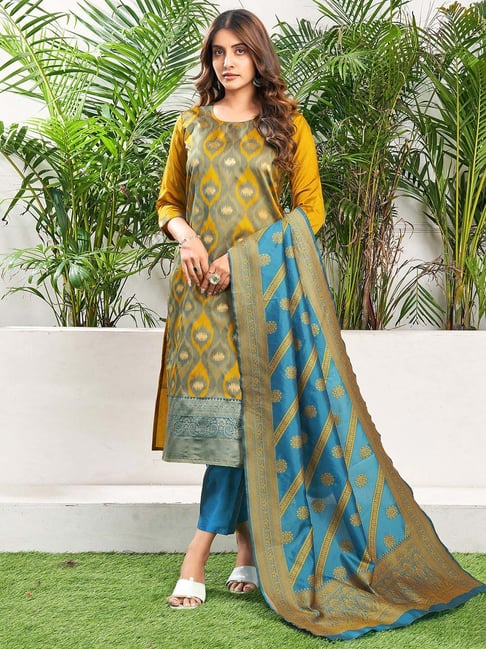Skylee Yellow Woven Pattern Kurta Pant Set With Dupatta